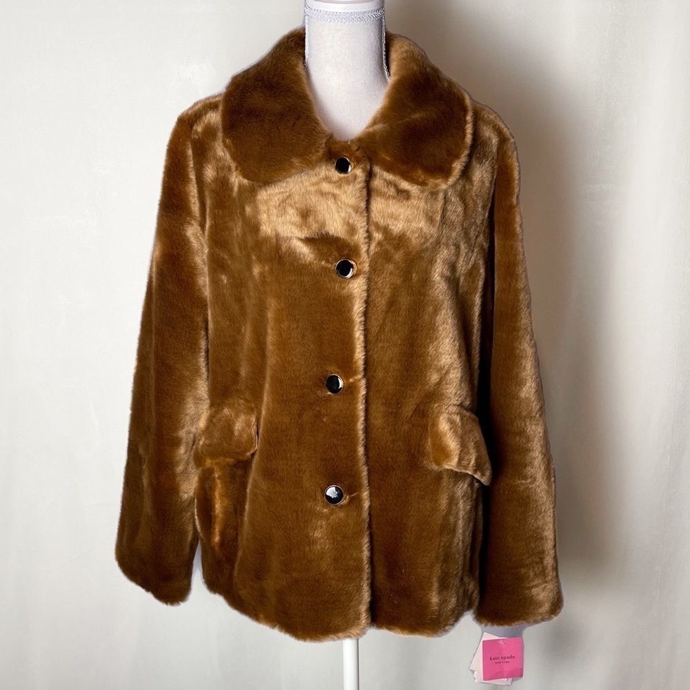 Kate Spade Caramel Brown Faux Mink Fur Coat with Silky Pink Lining SZ L NWT - Picture 2 of 16